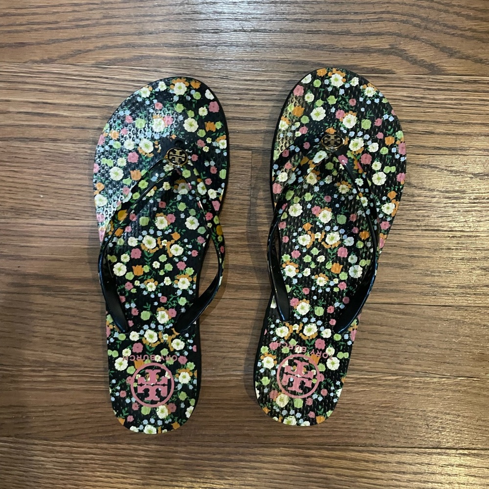 Tory Burch floral flip flops